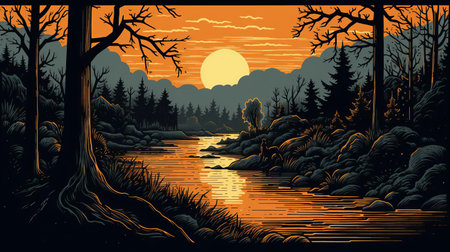 the serene river winds its way through the lush green forest, surrounded by towering trees, in this stunning woodcut artwork, evoking a sense of tranquility and connection with nature, perfect for art enthusiasts and those who appreciate the beauty of the great outdoors. ai generatedの素材