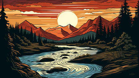 the serene river winds its way through the lush green forest, its gentle ripples reflecting the warm sunlight, in this stunning woodcut artwork, showcasing the harmony between nature and art, with intricate details and textures that evoke a sense of tranquility and peacefulness. ai generatedの素材
