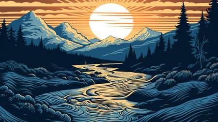 the serene river winds its way through the lush green forest, its gentle ripples reflecting the warm sunlight, in this stunning woodcut artwork, showcasing the artist's skillful use of natural textures and earthy tones to evoke a sense of tranquility and connection to nature. ai generatedの素材