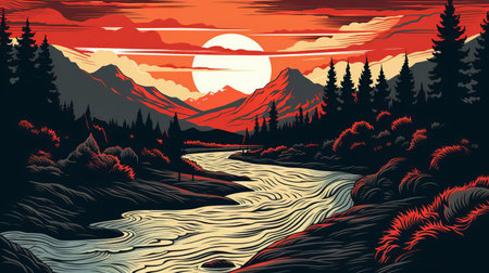 river winds its serene path through the heart of a lush forest, surrounded by towering trees and vibrant greenery, in this stunning woodcut artwork, evoking a sense of tranquility and connection with nature, perfect for art enthusiasts and outdoor lovers alike. ai generatedの素材