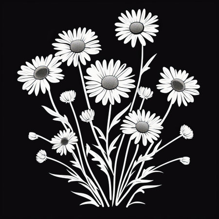 the chamomile flower stands out in striking silhouette against a clean white background, its delicate petals and stems intricately illustrated in bold black lines, creating a beautiful and soothing botanical design perfect for nature-inspired art and relaxation-themed projects. ai generatedの素材
