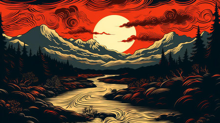 the serene river winds its way through the lush green forest, surrounded by towering trees and vibrant foliage, as depicted in this stunning woodcut artwork, evoking a sense of tranquility and connection to nature's beauty, perfect for art lovers and outdoor enthusiasts alike. ai generatedの素材
