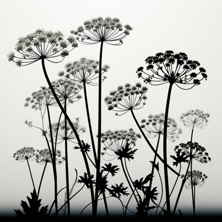 yarrow's delicate silhouette stands out against a stark black and white background, its feathery foliage and tiny flowers intricately detailed in this beautiful vector illustration, perfect for nature-inspired designs, botanical art, and minimalist graphics. ai generatedの素材