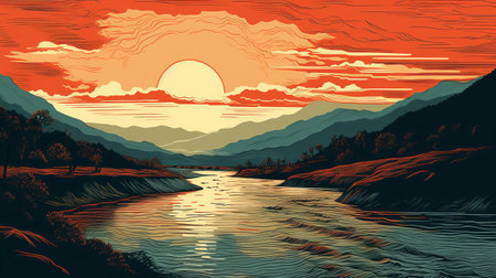 the serene woodcut artwork showcases a tranquil river scene, with gentle ripples flowing through the water, surrounded by lush greenery and majestic trees, evoking a sense of calmness and connection with nature, perfect for those who love river landscapes and woodcut illustrations. ai generatedの素材