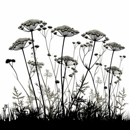 yarrow's delicate silhouette stands out against a stark black and white background in this elegant vector illustration, perfect for nature-inspired designs, botanical art, and minimalist graphics, evoking a sense of simplicity and sophistication. ai generatedの素材