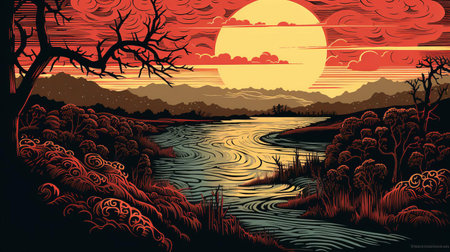 the serene river winds its way through the lush green forest, surrounded by towering trees, in this stunning woodcut artwork, showcasing the artist's skillful use of natural textures and earthy tones to evoke a sense of tranquility and connection with nature. ai generatedの素材