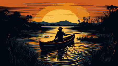 the serene woodcut artwork showcases a tranquil river scene, with gentle ripples flowing through the water, surrounded by lush greenery and majestic trees, evoking a sense of peacefulness and connection with nature, perfect for those who appreciate rustic landscapes and calming environments. ai generatedの素材