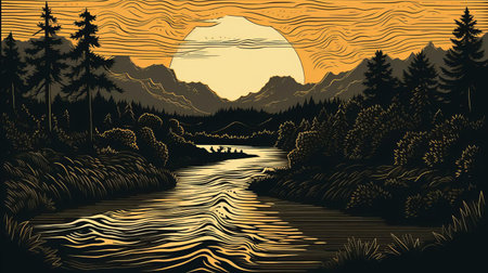 the serene river winds its way through the lush green forest, its gentle ripples reflecting the warm sunlight, in this stunning woodcut artwork, showcasing the artist's mastery of intricate details and textures, evoking a sense of tranquility and connection with nature. ai generatedの素材