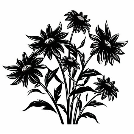 the black-eyed susan, a daisy-like flower with bright yellow petals and dark centers, stands out against a stark background in this striking silhouette vector illustration, rendered in crisp black and white, perfect for designs requiring a touch of elegance and simplicity. ai generatedの素材