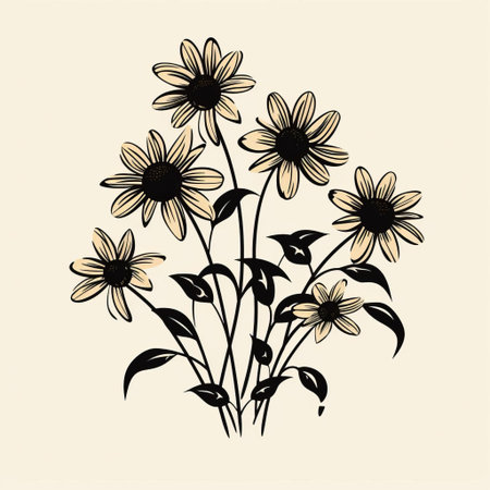 the black-eyed susan, a daisy-like flower with bright yellow petals and dark centers, stands out against a stark white background in this striking silhouette vector illustration, showcasing its delicate beauty in a dramatic black and white contrast, perfect for nature-inspired designs and botanical art. ai generatedの素材