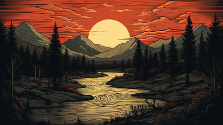 the serene river winds its way through the lush green forest, surrounded by towering trees and vibrant foliage, in this stunning woodcut artwork, evoking a sense of tranquility and connection with nature, perfect for art lovers and environmental enthusiasts alike. ai generatedの素材