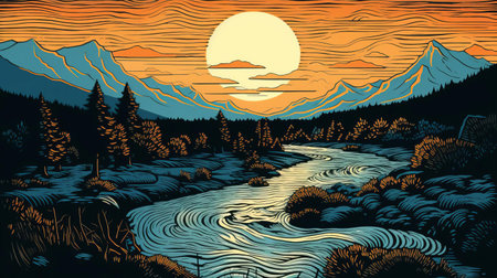 the serene river winds its way through the lush green forest, its gentle ripples reflecting the vibrant hues of the surrounding trees, as depicted in this stunning woodcut artwork, showcasing the harmonious blend of nature's beauty and artistic expression. ai generatedの素材