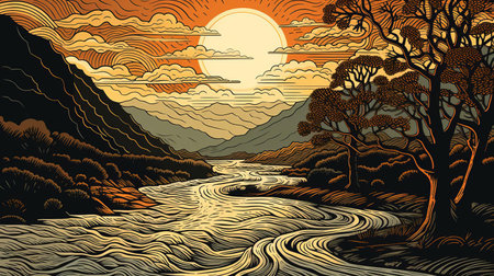the serene woodcut artwork showcases a tranquil river scene, where gentle waters flow peacefully through the heart of a lush forest, surrounded by towering trees and vibrant greenery, evoking a sense of calmness and connection with nature's beauty and serenity. ai generatedの素材