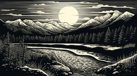 the serene river winds its way through the lush green forest, surrounded by towering trees and vibrant foliage, in this stunning woodcut artwork, evoking a sense of tranquility and connection with nature, perfect for those who love outdoor adventures and scenic landscapes. ai generatedの素材