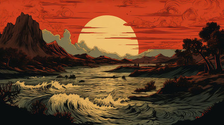 the serene river winds its way through the lush green forest, its gentle waters reflecting the vibrant hues of the surrounding trees, as depicted in this stunning woodcut artwork, showcasing the artist's mastery of intricate details and textures, evoking a sense of tranquility and connection with nature. ai generatedの素材