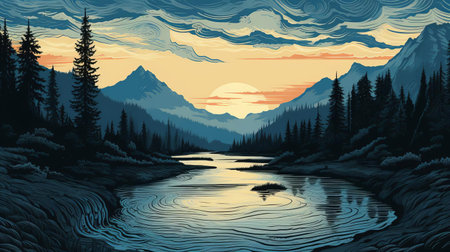 the serene river winds its way through the lush green forest, its gentle ripples reflecting the warm sunlight, in this stunning woodcut artwork, showcasing the harmony between nature and art, with intricate details and textures that evoke a sense of tranquility and connection to the natural world. ai generatedの素材