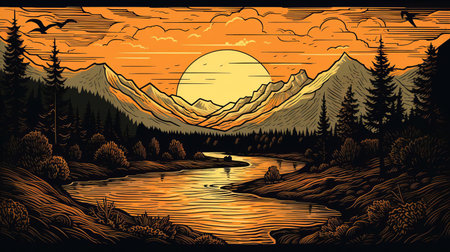 the serene river winds its way through the lush green forest, surrounded by towering trees and vibrant foliage, in this stunning woodcut artwork, evoking a sense of tranquility and connection to nature, perfect for art enthusiasts and outdoor lovers alike. ai generatedの素材