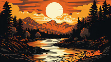 the serene river winds its way through the lush green forest, surrounded by towering trees and vibrant foliage, as depicted in this stunning woodcut artwork, evoking a sense of tranquility and connection with nature's beauty, perfect for art lovers and outdoor enthusiasts alike. ai generatedの素材