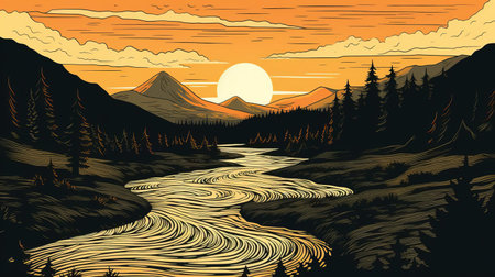 the serene river winds its way through the lush green forest, surrounded by towering trees, in this stunning woodcut artwork, showcasing the artist's mastery of intricate details and textures, evoking a sense of tranquility and connection with nature's beauty. ai generatedの素材