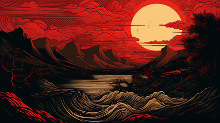 the serene river winds its way through the lush green forest, its gentle ripples reflecting the warm sunlight, in this stunning woodcut artwork, showcasing the harmony between nature and art, with intricate details and textures that evoke a sense of tranquility and peacefulness. ai generatedの素材
