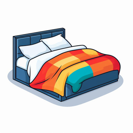 the bed icon, set against a crisp white background, pops with vibrant color blocking, featuring a bold and modern design that adds a touch of sophistication to any digital platform, perfect for interior design, furniture, and home decor projects. ai generatedの素材
