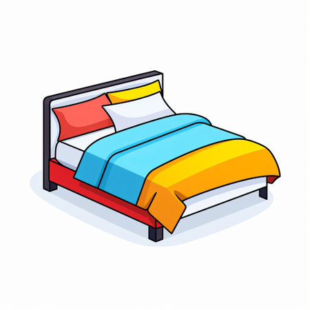 the bed icon, set against a crisp white background, pops with vibrant color blocks, evoking a sense of modernity and sleek design, perfect for incorporating into digital projects, websites, and mobile apps that require a touch of contemporary style and visual appeal. ai generatedの素材