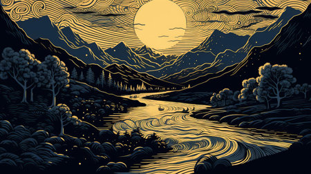 the serene river winds its way through the lush green forest, surrounded by towering trees, in this stunning woodcut artwork, evoking a sense of tranquility and connection with nature, perfect for art lovers and environmental enthusiasts alike, highlighting the beauty of rural landscapes and waterways. ai generatedの素材