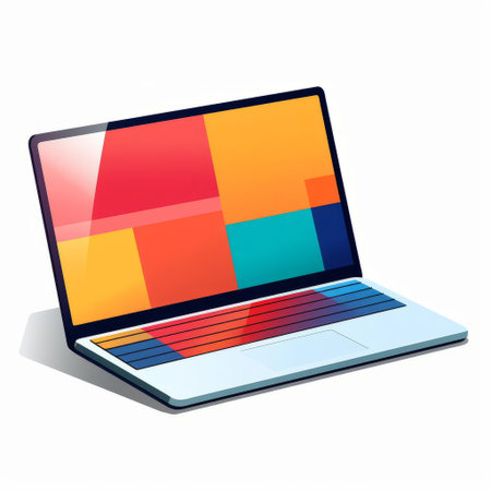 the laptop icon, set against a crisp white background, pops with vibrant color blocks, creating a modern and sleek visual representation of technology and innovation, perfect for digital designs, websites, and apps requiring a touch of contemporary style and sophistication. ai generatedの素材