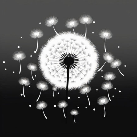 dandelion stands tall in this stunning black and white vector silhouette, its delicate petals and feathery leaves intricately designed against a clean background, perfect for nature-inspired designs, logos, and illustrations, evoking feelings of simplicity, elegance, and whimsy. ai generatedの素材