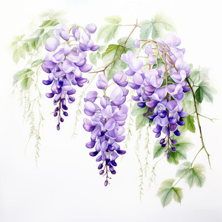 the wisteria frame, delicately illustrated in watercolor, stands out against a pristine white background, showcasing the beauty of this flowering plant's twisted vines and fragrant purple blooms, perfect for adding a touch of elegance to any room's decor or botanical art collection. ai generatedの素材