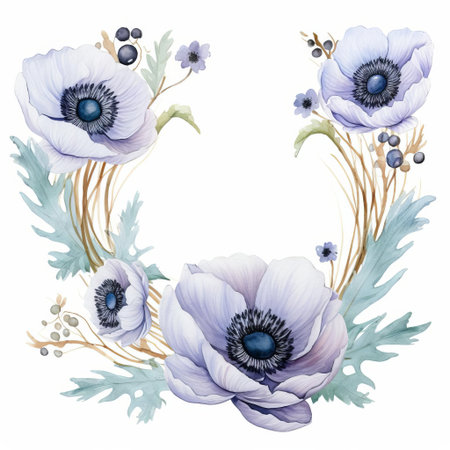 the anemone, a delicate and exotic sea flower, is beautifully illustrated in a stunning watercolor frame against a crisp white background, showcasing its intricate details and vibrant colors, perfect for adding a touch of underwater elegance to any room's decor. ai generatedの素材