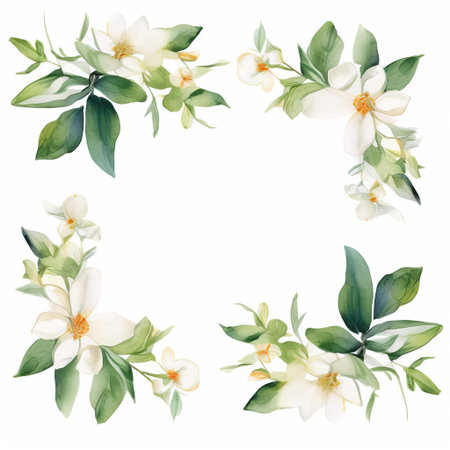 the jasmine frame, delicately illustrated in watercolor, stands out against a crisp white background, evoking a sense of serenity and elegance, perfect for adding a touch of sophistication to any room's decor, with its soft, romantic, and vintage charm. ai generatedの素材