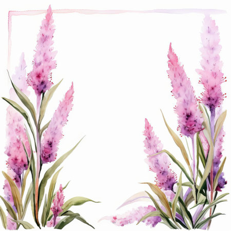 liatris flowers bloom vibrantly in this delicate watercolor frame, set against a crisp white background, showcasing the purple spikes and feathery plumes of this native north american wildflower, perfect for nature-inspired art and botanical illustrations. ai generatedの素材