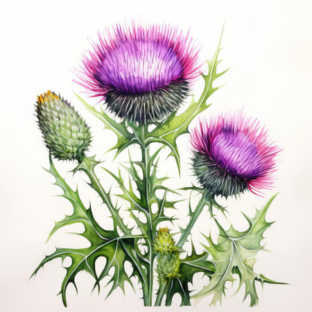 the thistle, a prickly yet elegant flower, takes center stage in this beautiful watercolor artwork, set against a crisp white background that allows its delicate purple hues and intricate details to shine, evoking a sense of whimsy and romance in this stunning botanical illustration. ai generatedの素材
