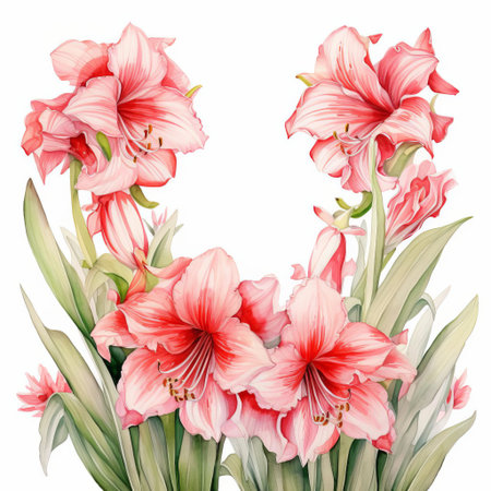 the amaryllis flower is beautifully depicted in a delicate watercolor frame, set against a crisp white background, showcasing its vibrant red petals and lush green leaves, evoking a sense of elegance and sophistication in this stunning botanical art piece, perfect for nature lovers and art enthusiasts alike. ai generatedの素材