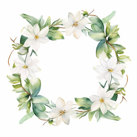 the jasmine frame, adorned with delicate watercolor petals, stands out against a pristine white background, evoking a sense of elegance and sophistication, perfect for adding a touch of floral charm to any room's decor, and ideal for nature-inspired home styling and interior design enthusiasts. ai generatedの素材