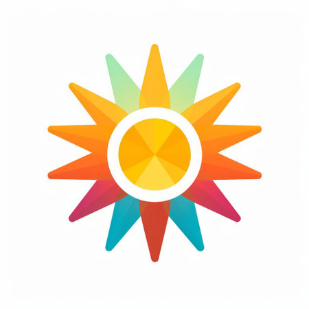 the sun icon, a vibrant and radiant symbol, shines brightly against a crisp white background, surrounded by bold color blocks that add a pop of fun and energy to this striking visual composition, perfect for designs that require a burst of warmth and optimism. ai generatedの素材