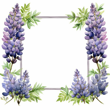 the lupine, with its delicate spikes of colorful blooms, takes center stage in this beautiful watercolor frame, set against a crisp white background, evoking feelings of serenity and elegance, perfect for nature lovers and art enthusiasts alike, adding a touch of sophistication to any room's decor. ai generatedの素材
