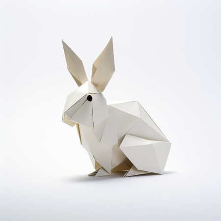 the rabbit, crafted from delicate paper folds, sits serenely against a pristine white background, showcasing the intricate art of japanese origami, a traditional paper folding technique that requires patience and skill, resulting in a charming and whimsical decorative piece. ai generatedの素材