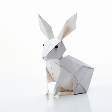 the adorable origami rabbit sits proudly on a clean white background, its delicate paper folds and gentle features showcasing the art of japanese paper crafting, perfect for diy enthusiasts and fans of minimalist design, adding a touch of whimsy to any space. ai generatedの素材