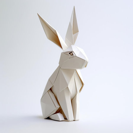 the rabbit, crafted from intricately folded paper, sits serenely against a pristine white background, showcasing the delicate art of origami, a traditional japanese paper folding technique that requires patience and skill, resulting in a charming and whimsical decorative piece. ai generatedの素材