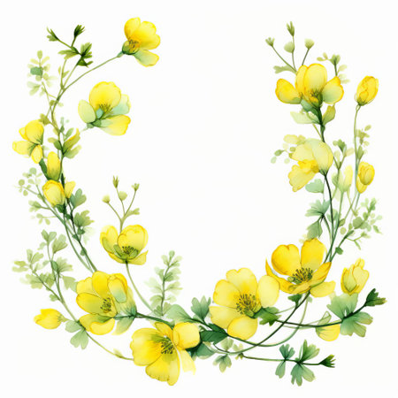 the buttercup, a bright and cheerful wildflower, takes center stage in this beautiful watercolor frame, set against a crisp white background, evoking feelings of springtime and new beginnings, perfect for adding a touch of whimsy to any room's decor with its delicate petals and vibrant yellow hue. ai generatedの素材