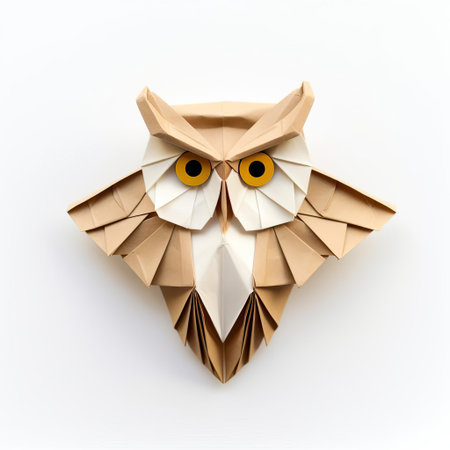the owl, perched on a pristine white background, showcases its intricately folded paper feathers, a testament to the art of origami, where patience and skill come together to create a delicate, yet striking, paper sculpture, perfect for fans of japanese art and paper crafting. ai generatedの素材