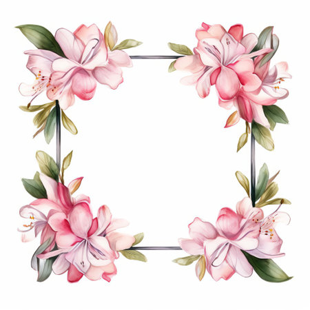 the rhododendron, a stunning flowering shrub, takes center stage in this beautiful watercolor frame, set against a crisp white background, showcasing its vibrant pink petals and lush green leaves, perfect for nature lovers and botanical art enthusiasts alike. ai generatedの素材