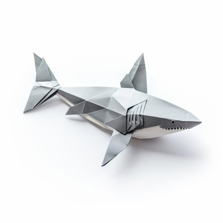 the shark, crafted from intricately folded paper, sits proudly against a pristine white background, showcasing the delicate art of origami, a traditional japanese paper folding technique, perfect for diy enthusiasts and marine life fans alike, evoking a sense of simplicity and elegance. ai generatedの素材