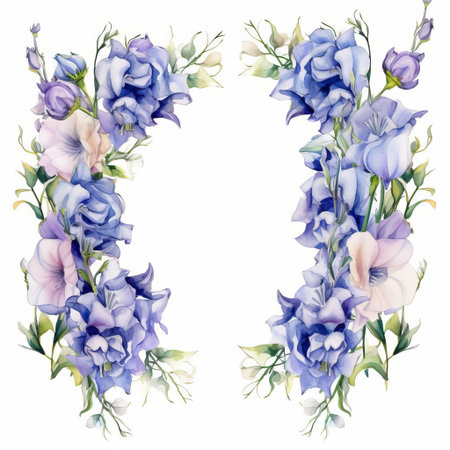 delphinium flowers bloom vibrantly in this beautiful watercolor artwork, set against a crisp white background, showcasing their delicate petals and slender stems in a stunning display of natural elegance and sophistication, perfect for adding a touch of botanical charm to any room. ai generatedの素材