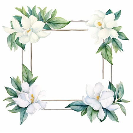 the gardenia frame, delicately illustrated in watercolor, pops against a crisp white background, evoking a sense of elegance and sophistication, perfect for adding a touch of botanical charm to any room's decor, while also making a lovely gift for flower enthusiasts and nature lovers alike. ai generatedの素材