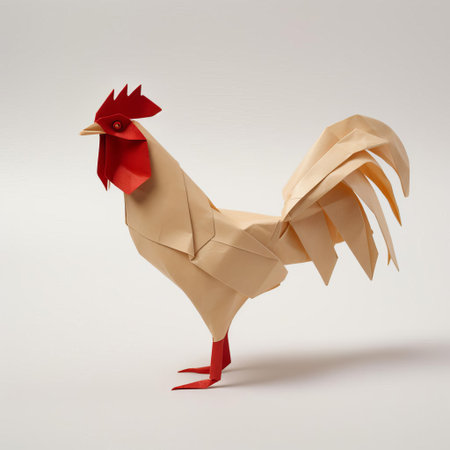 the origami chicken, crafted with precision and care, sits proudly against a crisp white background, its delicate paper folds and creases a testament to the ancient japanese art of paper folding, evoking a sense of simplicity, elegance, and whimsy. ai generatedの素材