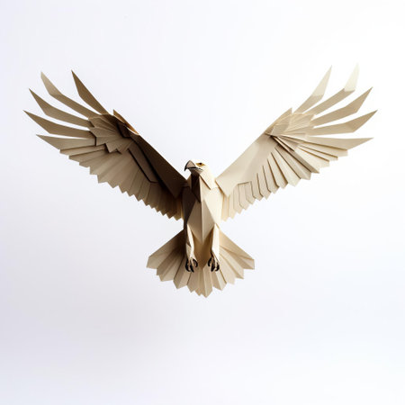 the majestic origami eagle, crafted with precision and patience, spreads its delicate paper wings against a pristine white background, showcasing the beauty of traditional japanese paper folding art and the skill of the artist's hands. ai generatedの素材