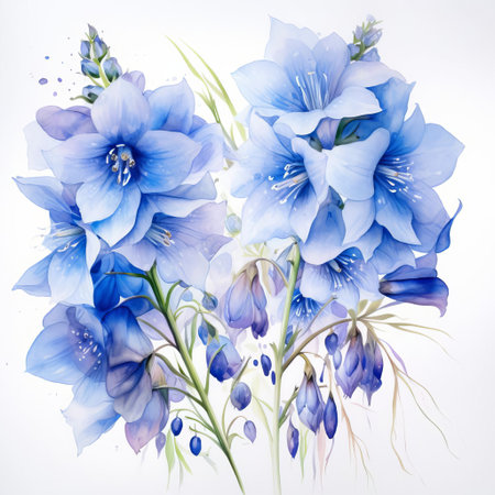 delphinium flowers are beautifully illustrated in a delicate watercolor frame, set against a crisp white background, showcasing their slender stems, vibrant purple petals, and intricate details, perfect for nature-inspired art, botanical illustrations, and home decor. ai generatedの素材